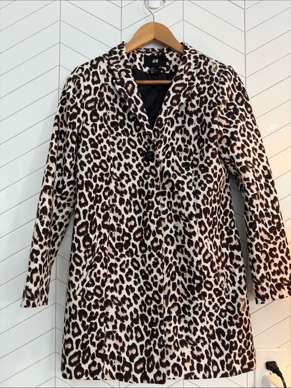 H&M Cream and Brown Leopard-Print Notch Collar Coat| Small